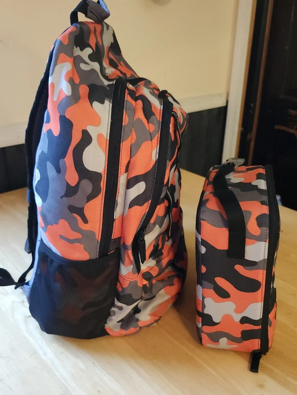 Lands' End Classmate Backpack Orange Camo Medium & Lunchbox Set GUC